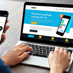 ** A diverse group of people interacting with a well-designed website or app interface on their various devices (phone, tablet, laptop). Focus on clear, easy-to-understand text elements within the interface. The setting is a modern, bright environment.

**